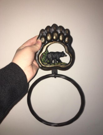 Black Bear Paw Towel Holder Ring | Rustic Woodland Forest Themed Kitchen Bathroom Cabin Mancave Décor