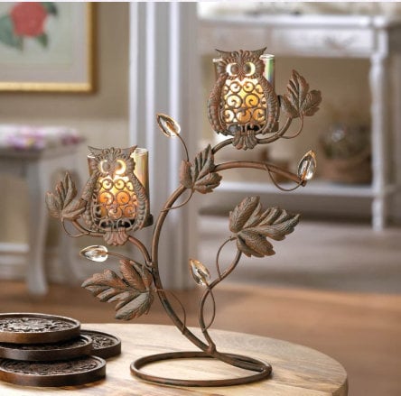 Vintage Owl Candle Holder Table Centerpieces, Votive Candle Stand for Rustic Home Decor for Living Room, Bathroom, Hallway, 11.3" High