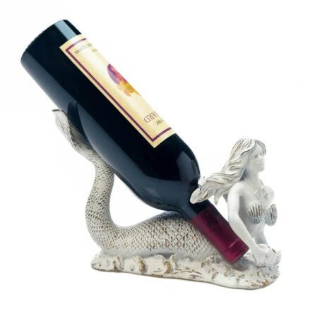 Distresed White Mermaid Wine Holder, Antique Style Wine Rack, Kitchen Table Countertop Decoration, Nautical Themed Home Decor, 7" High