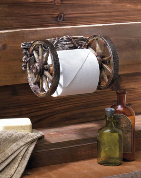Western Wagon Whee Toilet Paper Tissue Roll Holder Rack Wall Mount, Rustic Cabin Lodge Bathroom Decor, Old World Cowboy Room Accent