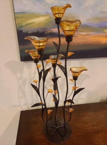 Elegant Amber Calla Lily Candle Holder | Modern Tealight Flower Candle Stand | Tabletop Wedding Centerpiece and Home Decor