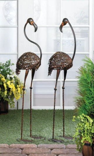 Rustic Flamingo Pathway Metal Graden Stake | Yard Lawn Patio Walkway Decor |  Set of 2 Wild Art Outdoor Decoration, 42 inches High