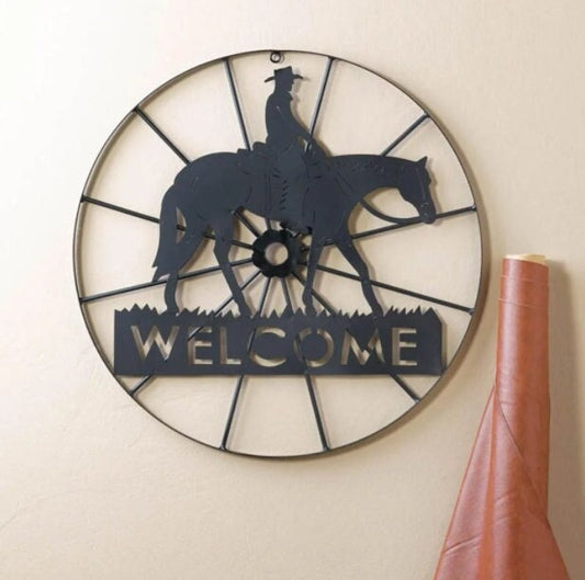 Cowboy Rustic Ranch Welcome Wheel Sign and Metal Wall Décor | Western Country Themed Home Decoration, 23.75"L x 0.75"W x 23.75"H