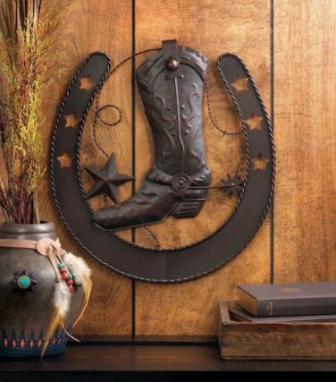 Cast Iron Cowboy Boot Horseshoe Wall and Table Decoration | Southwest Country Rodeo Home Decor