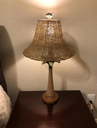 Vintage Palm Tree Woven Rattan Table Lamp | Tropical Coastal Night Light Bedside Lamp | Bedroom Office Desk Lighting, 25.5" Tall