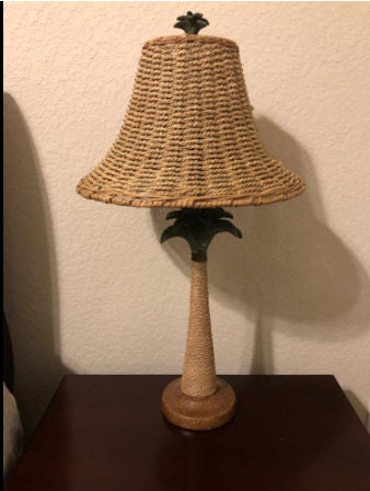 Vintage Palm Tree Woven Rattan Table Lamp | Tropical Coastal Night Light Bedside Lamp | Bedroom Office Desk Lighting, 25.5" Tall