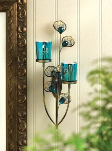 Decorative Wall Sconces, 1 Piece or Set of 2, Exotic Teal Peacock Plume Lights Bathroom Living Room Bedroom Christmas Lighting, 14.5" High