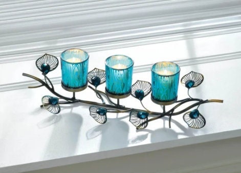 Peacock Inspired Candle Holder Trio, Christmas Home Bathroom Decorations Table Centerpiece, Tea Lights Votive Candles or LED, 16" Long