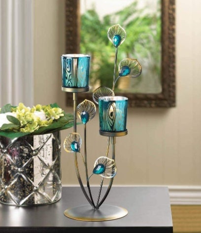 Peacock Plume Candle Holder, Exotic Table Centerpiece - for Christmas or Wedding Reception, Living Room, Bedrrom  Dining Room Accent Decor