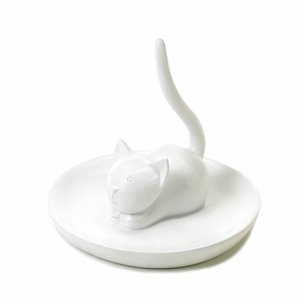 Cat Ring Holder, Cute Kitty Jewelry Wedding Engagement Gift, Small Jewelries - Necklaces, Earring - Car Art Glass & White Dish Tray Design