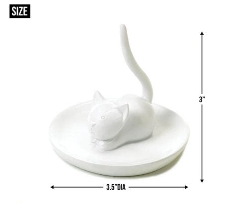 Cat Ring Holder, Cute Kitty Jewelry Wedding Engagement Gift, Small Jewelries - Necklaces, Earring - Car Art Glass & White Dish Tray Design