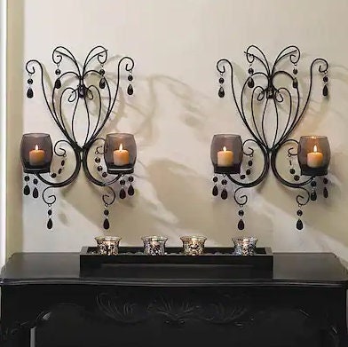 Gothic Glowing Candle Wall Sconces, Set of 2 Hanging Candle, Tea lights or Votive Lights Holder, TV Wall Bedroom Living Room Decor, 15" H