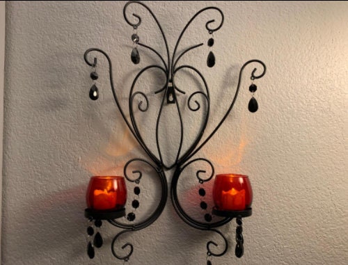 Gothic Glowing Candle Wall Sconces, Set of 2 Hanging Candle, Tea lights or Votive Lights Holder, TV Wall Bedroom Living Room Decor, 15" H