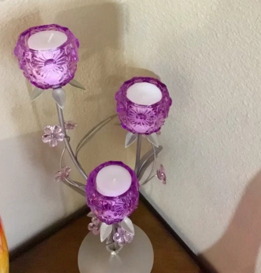 Candle Holder Fuchsia Purple Floral Decorative Tea Lights Candelabra, Sweet Gift for Girlfriend Mom Sister Christmas Gift Ideas, Night Light