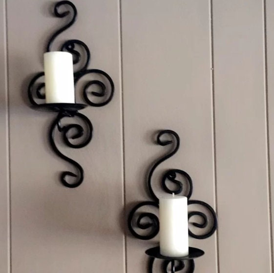 Antiqued Candle Wall Sconces, Set of 2 Wrought Iron Candle Holder,  Mini Plant Pot Holder, Wall Mount, Black /  Brown Finish, 13" High