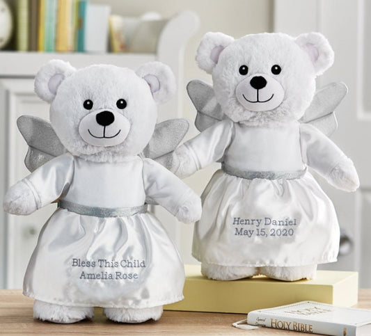 Personalized Guardian Angel Bear, Baptism Gift for Boys and Girls, Christian Newborn Baby Gift, Religious Keepsake Toy with Sparkling Wings
