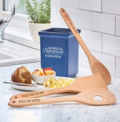 Personalized  Utensil Holder Cooking Set, Handcrafted Ceramic Stoneware with 3-piece Beech Wood Heat Resistant Kitchen Utensils,
