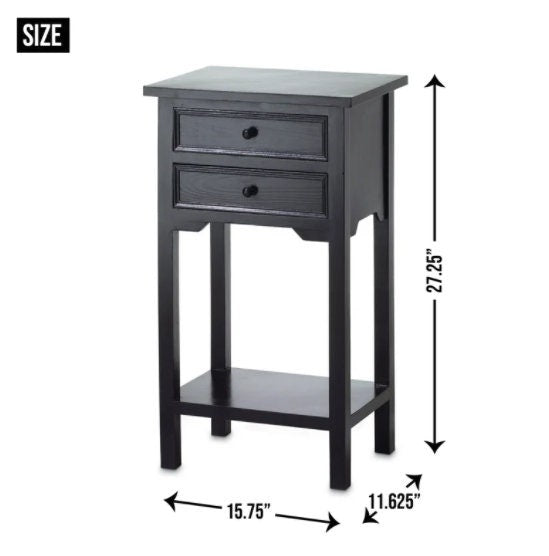 Rustic End Table | Black Finish Wooden Side Table with 2 Simple Pull Drawers | Wood Telephone Nightstand w/ Storage, 27.25" High