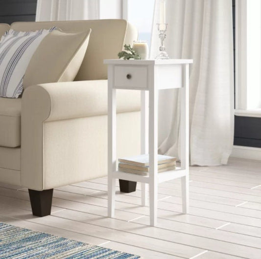 White End Table or Slim Plant Stand with Storage, Narrow Side Table for Sofa, Living Room Bedroom, Nightstand & Bedside , 27.5" Tall