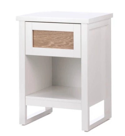 Modern End Table with Storage Book Shelf,  Night Stand with Drawer, Neutral White Finish, Sofa and Coffee Side Table, 26" High, Solid Wood