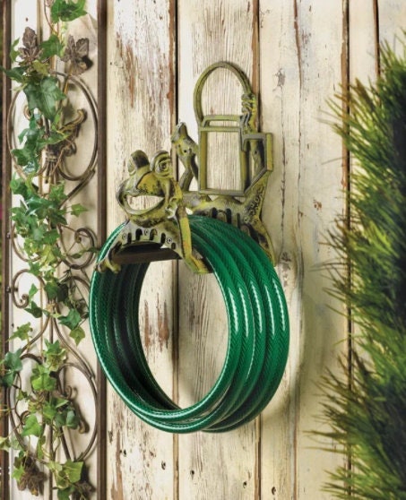 Garden Yard Hose Organizer, Decorative Cast Iron Frolicking Frog Design, Lawn Art, Heavy Duty Holds 100 ft Hose, Gift For Parents, 12" high