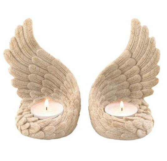 Angel Wings Tealight Set | Sympathy and Memorial Candle Holder Figurine, Spiritual Home Decor, Christian Gifts, Beige