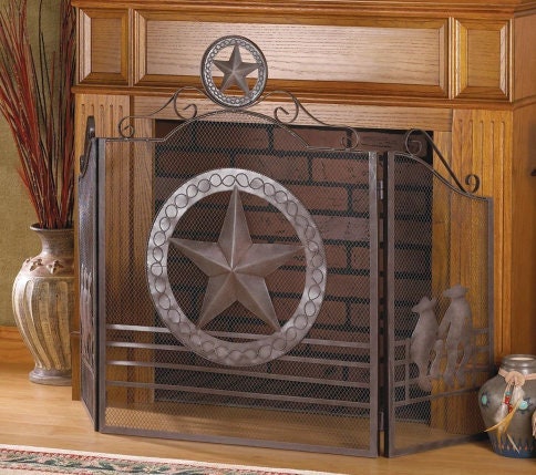 Western Fireplace Screen, 3 Panel / Fold Metal Mesh Fire Spark Fence, Texas Style Home Decoration, Sturdy Rustic Weathered Finish, 35" High