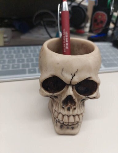 Skull Statue Makeup Brush and Pen Holder, Gothic Skull Tabletop Office Desk Decor, Bedroom, Man Cave Decoration, Cool Gifts, 3.5" High