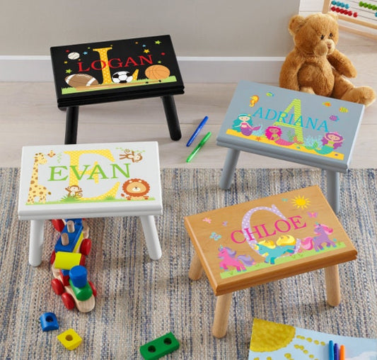 Personalized Children's Step Stool, Christmas, Birthday Gift for Kids, Custom Name & Initial, Sturdy, 7 Designs for Kid's Playroom, 9" Tall