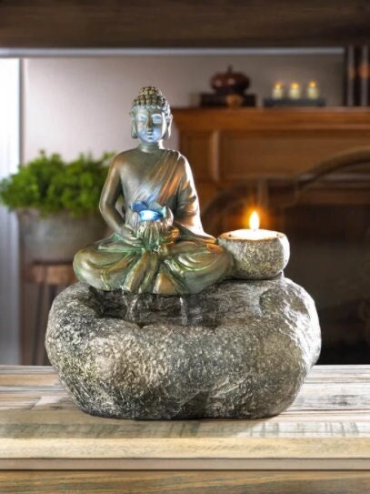 Buddha Tabletop Water Fountain with Tealight Candle Holder and Lotus Flower LED Bulb, Lighted Indoor Home Office Decoration, 10.2" High