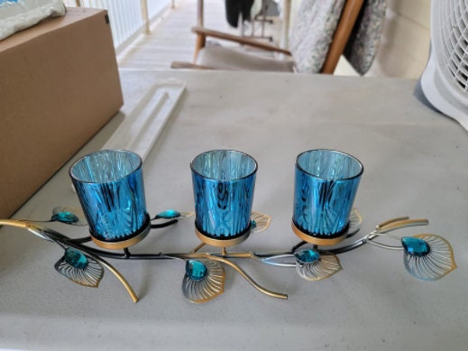 Peacock Inspired Candle Holder Trio, Christmas Home Bathroom Decorations Table Centerpiece, Tea Lights Votive Candles or LED, 16" Long