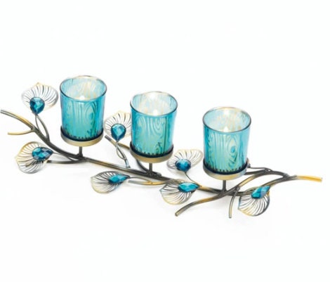 Peacock Inspired Candle Holder Trio, Christmas Home Bathroom Decorations Table Centerpiece, Tea Lights Votive Candles or LED, 16" Long