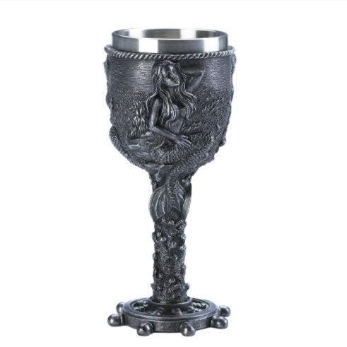 Rustic Mermaid Maiden with Ship Helm Wheel Base, Wine Goblet Chalice Beverage Drinkware Serveware, Nautical Ocean Themed Decor & Gifts