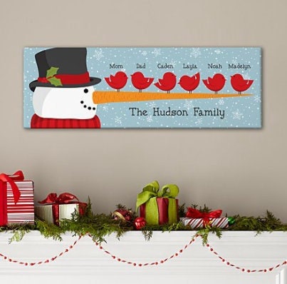 Cheery Snowman Bird Family Canvas Personalized, Christmas Wall Art Hanging Ornament, Funny & Unique Holiday Gift for Family, 9"x27"