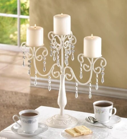 Ivory White Candelabra, Wedding Gift Centerpiece Candle Holder, Old-World Tealight Holiday Decoration, 14.5" High, Metal