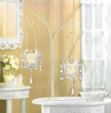 Crystal Mini Chandelier, Votive Stand & Candle Holder, Wedding Table Centerpiece, Decorative Candelabra, 17" High, Elegant White Home Decor