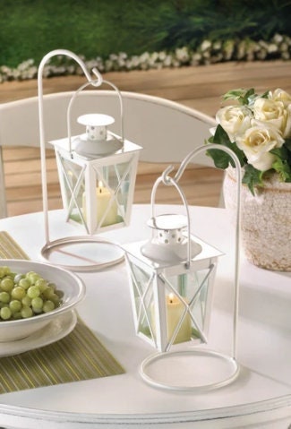 Elegant White Candle Lanterns Table Centerpiece, LED or Votive Candle, Wedding, Home & Party Decor, Set of 2, 9" High, Indoor or Outdoor Use