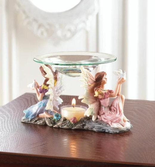 Cute Twin Fairies Scented Oil Warmer | Collectible Fairy Gift Tealight Candle Holder Aroma Diffuser