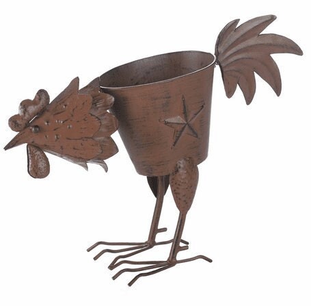 Rustic Rooster Planter Pot, Iron Flower Pot Hen Garden Backyard Patio, Indoor Outdoor Farmhouse Statue Lawn Yard Sculpture, 5.25" High