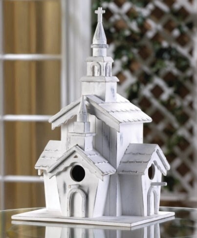 Distressed White Chapel Birdhouse, White Shabby Victorian Wood Chic Bird House, Indoor Outdoor, Versatile Tabletop Home Decor, 12.75" High