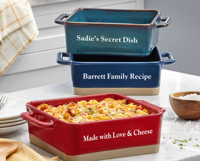 Personalized Stoneware Baking Dish Square Casserole, 2 Quart Deep Serving Lasagna Pan, Kitchen Cooking Bakeware Gift, 3.5″Hx8″ sq.