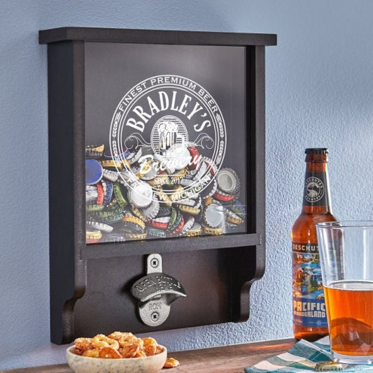 Personalized Beer Bottle Opener and Cap Holder, Unique Gift For Men, Beer Lover, Customized Message Display Box, Can be Wall Mounted - Wood
