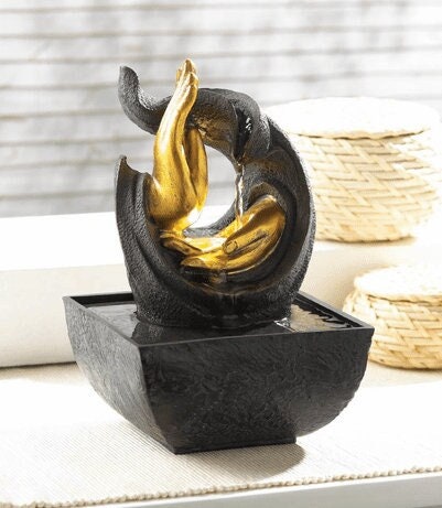 Golden Hands Tabletop Water Fountain, Lighted Quiet Waterfall Fountain, Relaxing Decor for Indoor Desk Office, 8" High