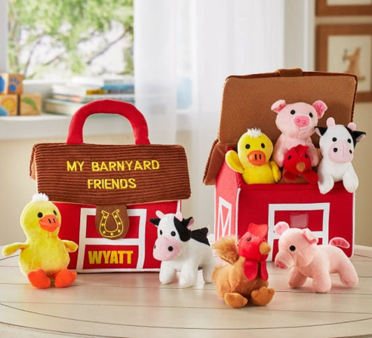 Personalized Farm Animals Plush Playset with Sound, Soft & Squeaky with Barn Carrier Bag, Kids Travel Toy, Christmas Gift Ideas Toddlers
