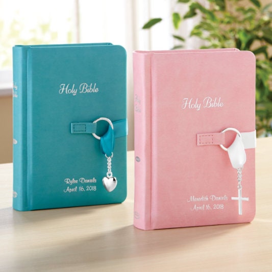Personalized Children’s Bible, Baptism Gift For Boys, Girls, Religious Keepsake with Silver Cross Charm and Leathersoft Cover,