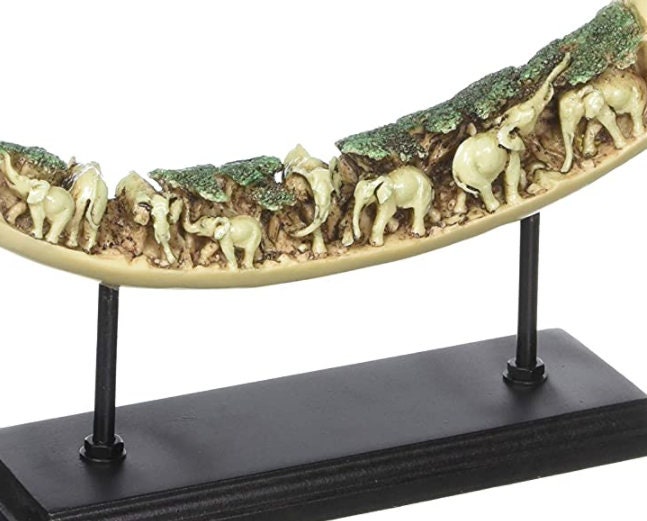 Lucky Elephants Tusk Sculpture, African Art, Faux Ivory Tusk Horn, Tribal or Exotic Animals Themed Home Decor , 8" High, 16.5" Long