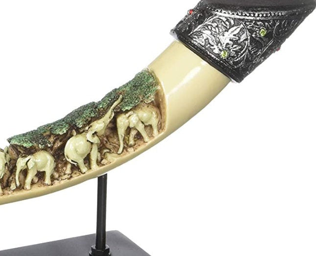 Lucky Elephants Tusk Sculpture, African Art, Faux Ivory Tusk Horn, Tribal or Exotic Animals Themed Home Decor , 8" High, 16.5" Long