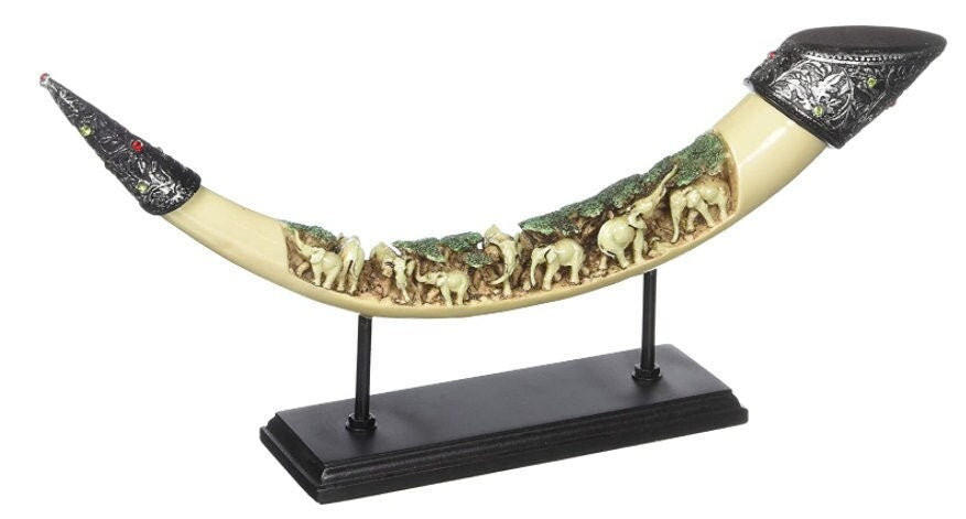 Lucky Elephants Tusk Sculpture, African Art, Faux Ivory Tusk Horn, Tribal or Exotic Animals Themed Home Decor , 8" High, 16.5" Long