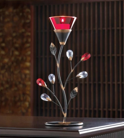 Romantic Ruby Tea Light Holder, Dining Table Centerpiece Living Room Decorative Candle Holder, Bedroom Lighting, Christmas Gift, 11.25" High