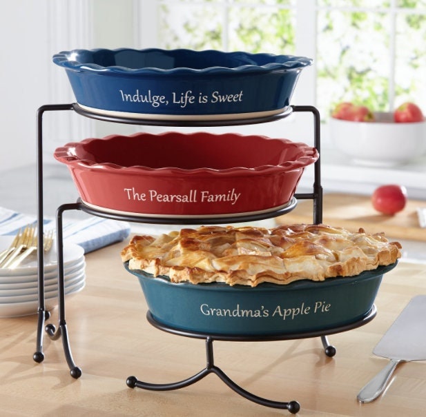 Ceramic Stoneware Pie Baking Dish - Personalized, Pie Plate for Cooking Kitchen Dessert Pies,  Gift For Mom, Grandma Bakers, Red Navy Teal